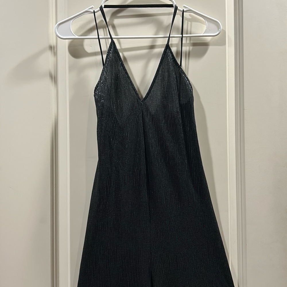 Zara wide leg jumpsuit sheer HALTER spaghetti strap shiny texture deep back M